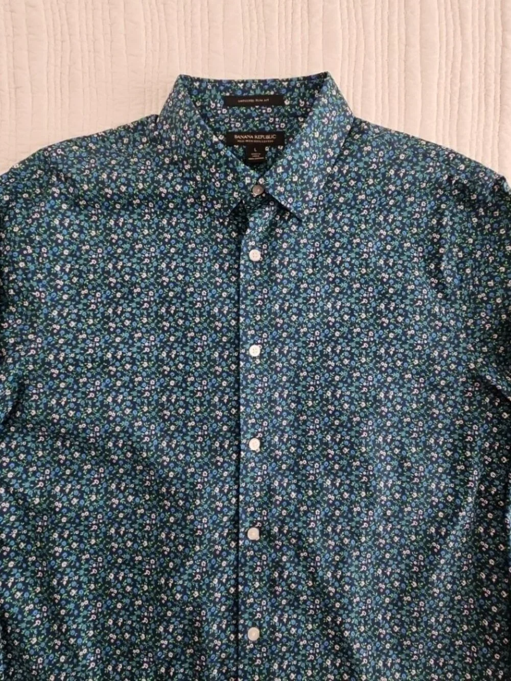 Banana Republic Shirt Men's L Large Blue Green Floral AOP Untucked‎ Slim Fit EUC